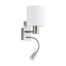 Aplica de perete Eglo PASTERI, dulie E27+LED, becul, IP20, baza din otel nichel satinat, abajur textil alb | Eglo-96477