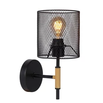 Aplica de perete Lucide BASKETT stil Vintage otel negru lemn deschis forma rotund E27 IP20 - 45259/01/30
