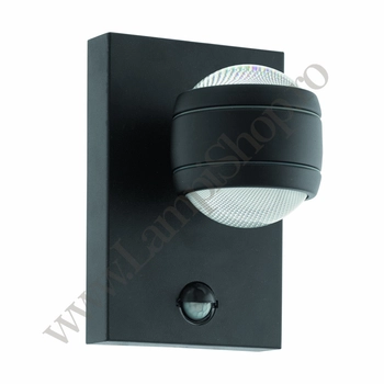Aplica exterior cu senzor de miscare Eglo SESIMBA 1, LED integrat inclus, IP44, baza din otel zincat negru, abajur plastic transparent | Eglo-96021